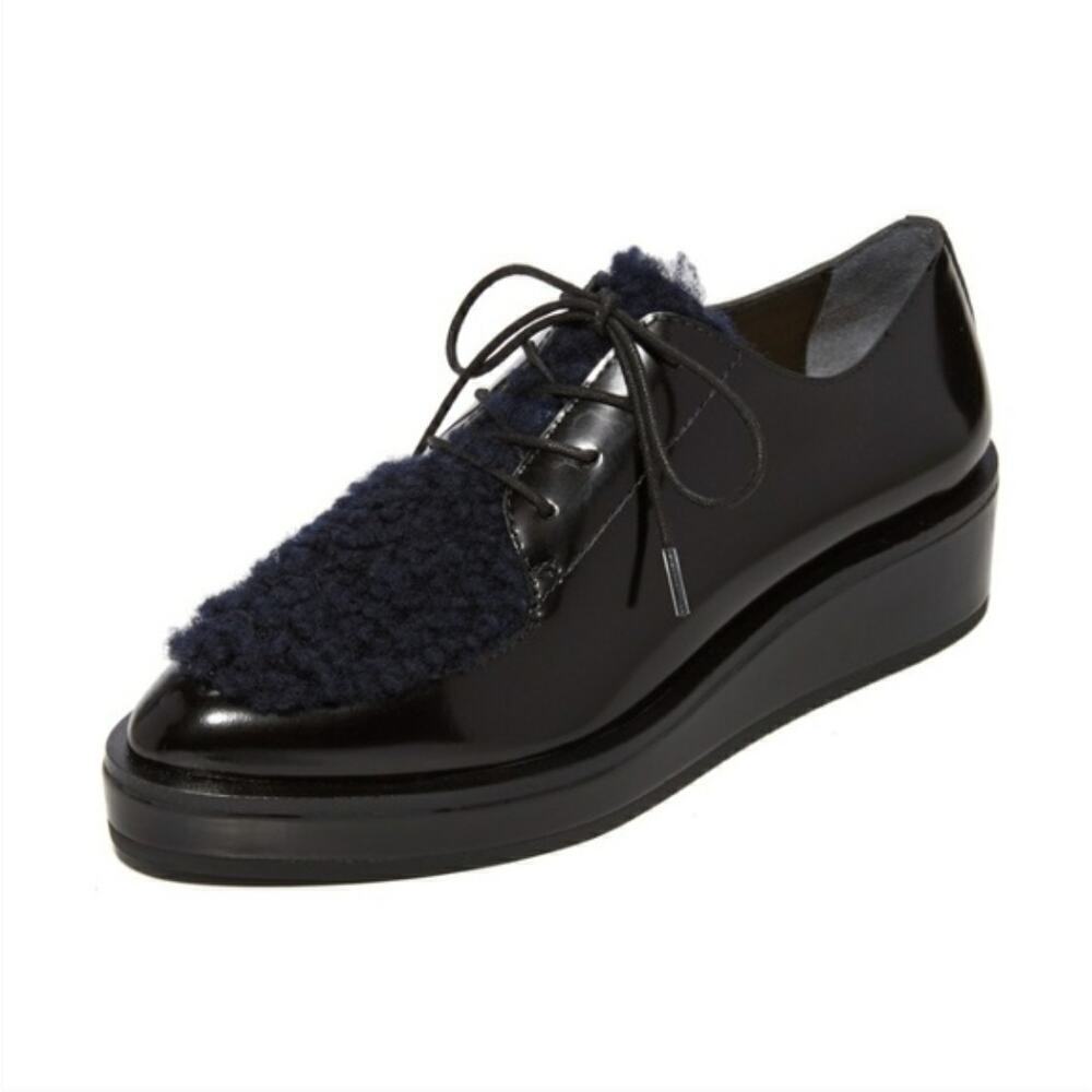 EUC $450 LOEFFLER RANDALL Frances Platform Shearling Oxfords In Black/eclipse